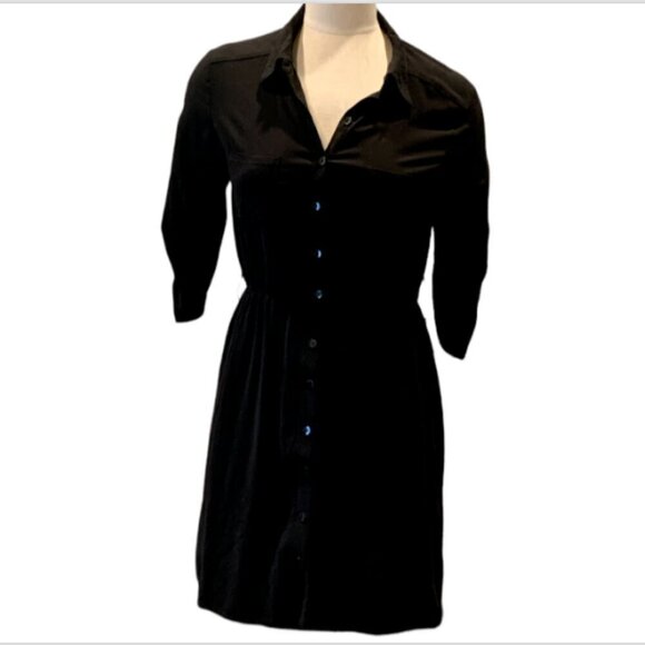 IZ Byer Button Down Shirt Dress Roll Tab 3/4 Sleeve Sz L Black #49D - Picture 1 of 7